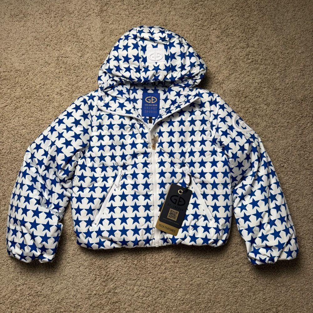 Goldbergh Olympe Goose Down Puffer Ski Jacket NWT US 12 Large White Blue Stars - Picture 4 of 10